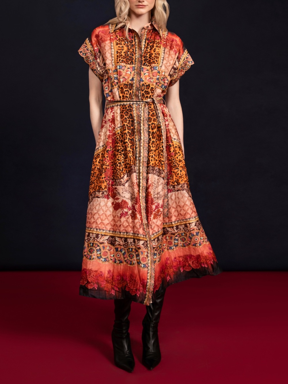 NWT La Fuori Martina Shirt Dress Leopard Animal Patchwork Sequin Midi Sz L